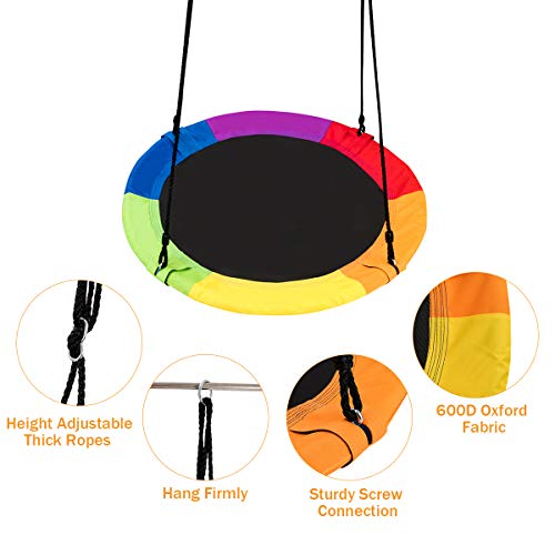 Costzon 40" Waterproof Saucer Tree Swing Set, Indoor Outdoor Round Swing Colorful Rainbow- Adjustable Hanging Ropes, Safe and Sturdy Swing for Children Tree Park Backyard (Multicolor)