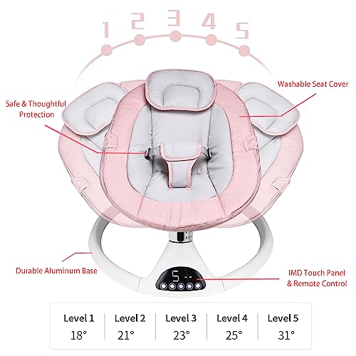 T TICCI Baby Swings for Infants, 5 Speed Bluetooth Baby Bouncer, Motorized Bluetooth Swing, Built-in 3 Timer Settings, Music Speaker, Remote Control, Gray, 0-6 Months (Gray)