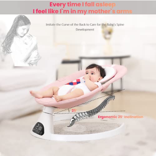 Addweet Baby Swings for Infants, Portable Bluetooth Enabled Baby Rocker with 5 Natural Swing Ranges & 10 Preset Sleep Music, Auto-Sensing Start-Stop System, Remote Control Newborn Swing (Pink)