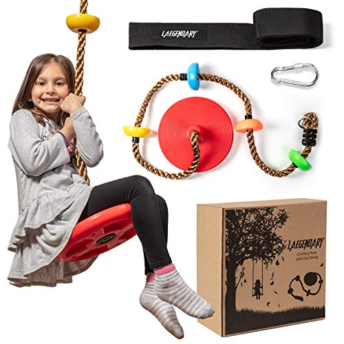 Climbing Rope Tree Swing with Platforms and Disc Swings Seat - Playground Swingset Accessories Outdoor for Kids - Trees House Tire Saucer Swing Outside Playset Toys - Carabiner and 4 Ft Tree Strap