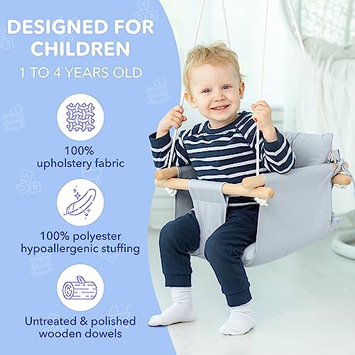 CaTeam - Canvas Baby Swing with Stand, Wooden Hanging Swing Seat Chair with Safety Belt, Durable Baby Hammock Chair, Outdoor and Indoor Swing for Kids, Gray
