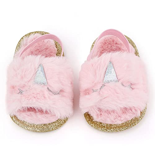 Yinbwol Infant Baby Girls Sandals Elastic Back Strap Flats Slippers Soft Toddles Princess Shoes Faux Fur Slides Shoes First Walker House Shoes (White Unicorn+Pink Unicorn, 3_Months)