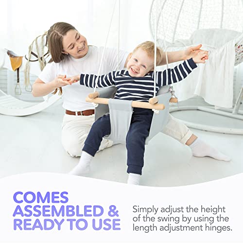 Canvas Baby Swing by Cateam - Grey - Wooden Hanging Swing Seat Chair for Baby with Safety Belt and mounting Hardware. Baby Hammock Chair Birthday Gift.