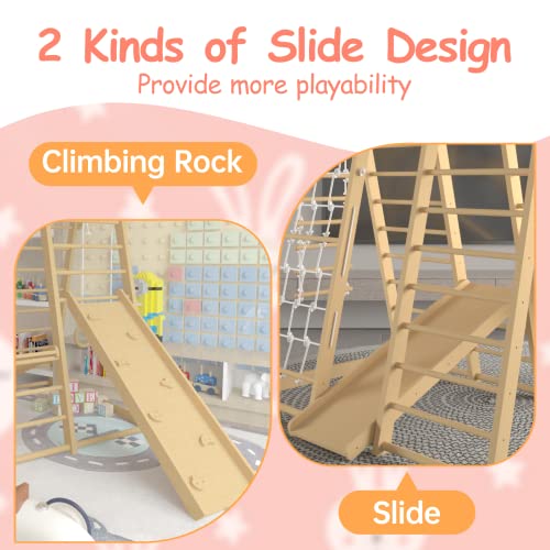 Toddler Climbing Toys Indoor, 66inch Indoor Jungle Gym, 8-in-1 Wooden Indoor Playground Set with Swing, Rock Climb Wall, Slide, Monkey Bars, Wood & Rope Ladder, Rope Wall Ladder for Kids 1-8yrs