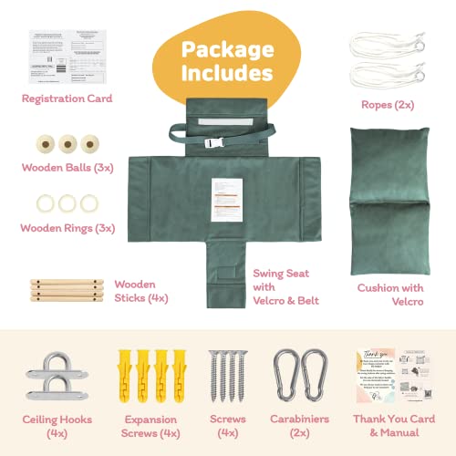 The Classy Swing Seat for Babyâs Fun Time & Growth - UV Resistant Technical Fabric for Indoor and Temporary Outdoor - Infant to Toddler - Seat with Velcro & Belt - Ceiling Hardware - Gift for Lover