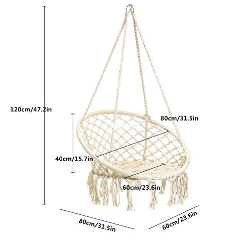 E EVERKING Hammock Chair Macrame Swing, Hanging Cotton Rope Macrame Hammock Swing Chair for Indoor, Outdoor Home, Patio, Porch, Deck, Yard, Garden, Max Weight: 260 Pounds (Beige)