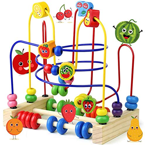Fajiabao Wooden Bead Maze Activity Cube Fruits Slide Counting Math Abacus Montessori Toys for Toddlers Roller Coaster Educational Toys Christmas Birthday Gifts Indoor Games for Walkers Boys Girls
