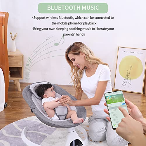 T TICCI Baby Swings for Infants, 5 Speed Bluetooth Baby Bouncer, Motorized Bluetooth Swing, Built-in 3 Timer Settings, Music Speaker, Remote Control, Gray, 0-6 Months (Gray)