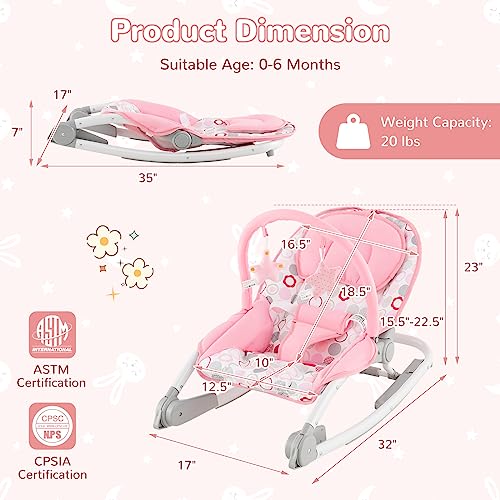 BABY JOY Baby Bouncers for Infants, 2 in 1 Foldable Toddler Bouncy Seat w/Rocker & Stationary Modes, 3-Position Adjustable Backrest, Removable Toy Bar, Portable Bouncer for Babies 0-6 Months (Pink)
