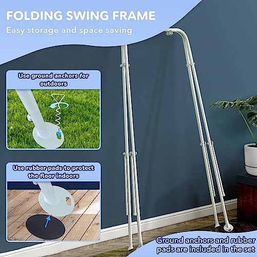 CaTeam - Canvas Baby Swing with Stand, Wooden Hanging Swing Seat Chair with Safety Belt, Durable Baby Hammock Chair, Outdoor and Indoor Swing for Kids, Gray