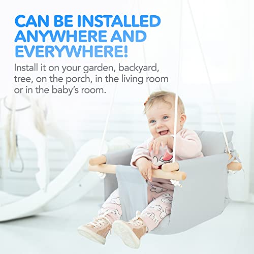 Canvas Baby Swing by Cateam - Grey - Wooden Hanging Swing Seat Chair for Baby with Safety Belt and mounting Hardware. Baby Hammock Chair Birthday Gift.