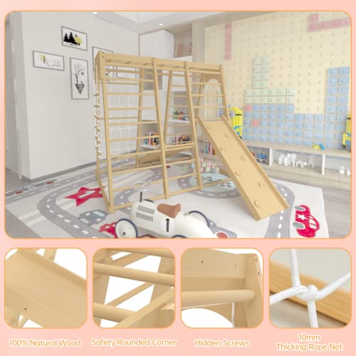 Toddler Climbing Toys Indoor, 66inch Indoor Jungle Gym, 8-in-1 Wooden Indoor Playground Set with Swing, Rock Climb Wall, Slide, Monkey Bars, Wood & Rope Ladder, Rope Wall Ladder for Kids 1-8yrs