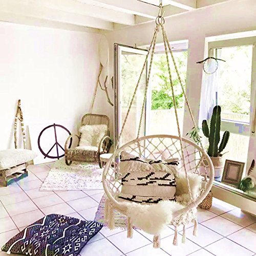 E EVERKING Hammock Chair Macrame Swing, Hanging Cotton Rope Macrame Hammock Swing Chair for Indoor, Outdoor Home, Patio, Porch, Deck, Yard, Garden, Max Weight: 260 Pounds (Beige)