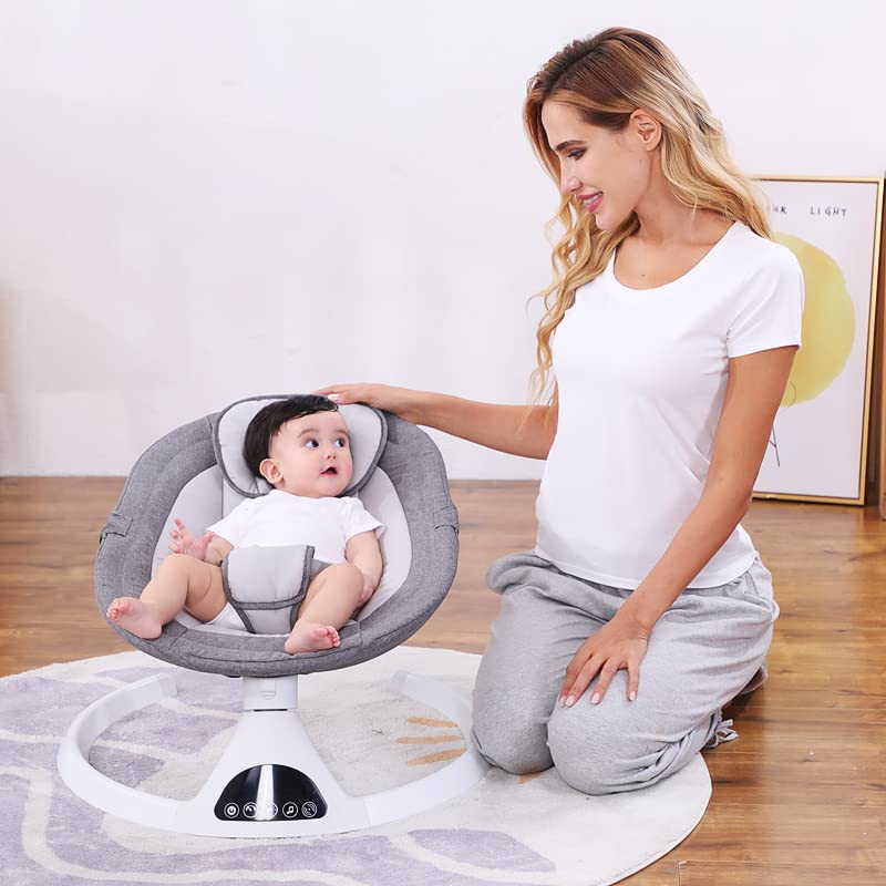 T TICCI Baby Swings for Infants, 5 Speed Bluetooth Baby Bouncer, Motorized Bluetooth Swing, Built-in 3 Timer Settings, Music Speaker, Remote Control, Gray, 0-6 Months (Gray)