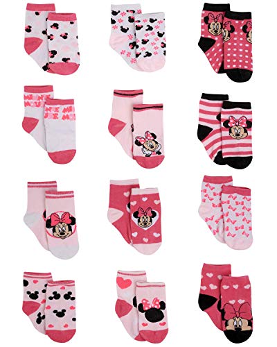 Disney Baby Girls Minnie Mouse Character Design Socks 12 Pack (Newborn and Infants), Minnie Pink/White/Black, Age 0-6M