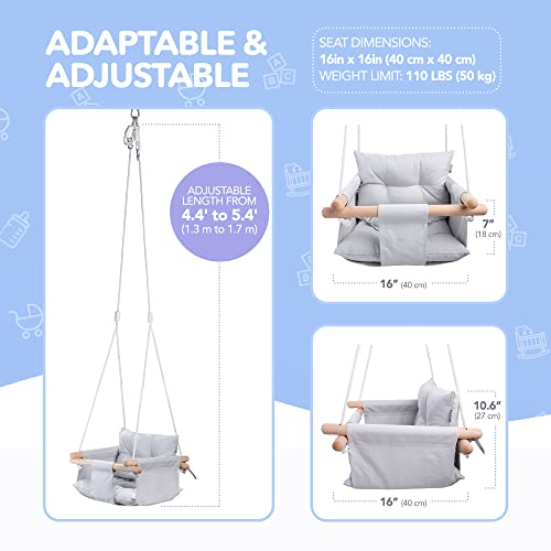 CaTeam - Canvas Baby Swing with Stand, Wooden Hanging Swing Seat Chair with Safety Belt, Durable Baby Hammock Chair, Outdoor and Indoor Swing for Kids, Gray