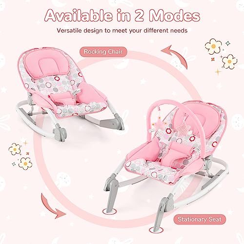 BABY JOY Baby Bouncers for Infants, 2 in 1 Foldable Toddler Bouncy Seat w/Rocker & Stationary Modes, 3-Position Adjustable Backrest, Removable Toy Bar, Portable Bouncer for Babies 0-6 Months (Pink)