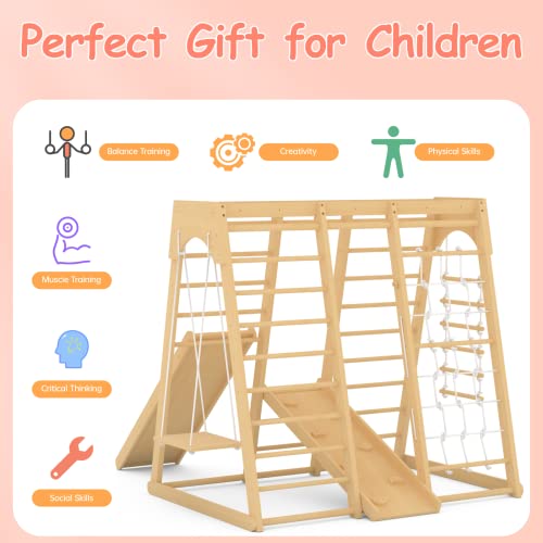 Toddler Climbing Toys Indoor, 66inch Indoor Jungle Gym, 8-in-1 Wooden Indoor Playground Set with Swing, Rock Climb Wall, Slide, Monkey Bars, Wood & Rope Ladder, Rope Wall Ladder for Kids 1-8yrs