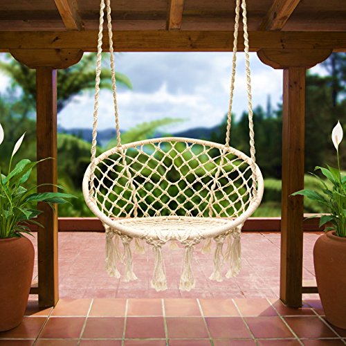 E EVERKING Hammock Chair Macrame Swing, Hanging Cotton Rope Macrame Hammock Swing Chair for Indoor, Outdoor Home, Patio, Porch, Deck, Yard, Garden, Max Weight: 260 Pounds (Beige)
