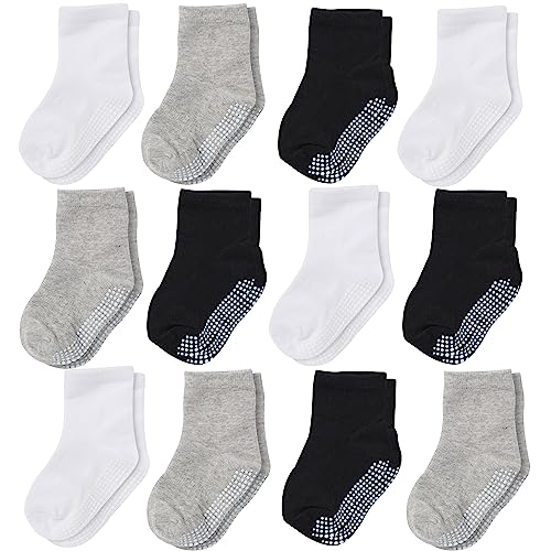 CozyWay Baby Anti Slip Crew Socks 12 Pack with Grips for Toddlers Little Boys Girls Infants Kids Non Skid Sox