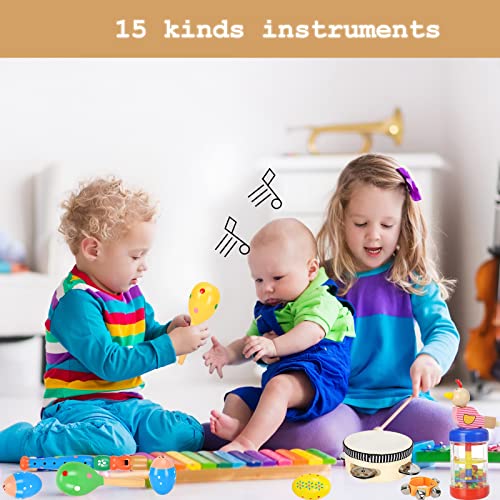 Toddler Musical Instruments Ehome 15 Types 22pcs Wooden Percussion Instruments Toy for Kids Preschool Educational, Musical Toys Set for Boys and Girls with Storage Bag