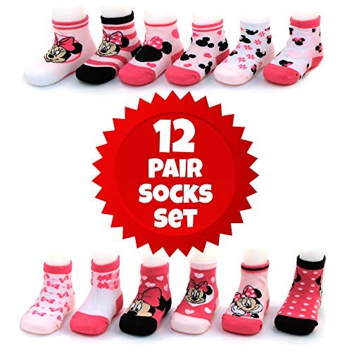 Disney Baby Girls Minnie Mouse Character Design Socks 12 Pack (Newborn and Infants), Minnie Pink/White/Black, Age 0-6M