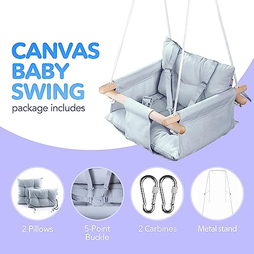 CaTeam - Canvas Baby Swing with Stand, Wooden Hanging Swing Seat Chair with Safety Belt, Durable Baby Hammock Chair, Outdoor and Indoor Swing for Kids, Gray