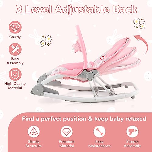 BABY JOY Baby Bouncers for Infants, 2 in 1 Foldable Toddler Bouncy Seat w/Rocker & Stationary Modes, 3-Position Adjustable Backrest, Removable Toy Bar, Portable Bouncer for Babies 0-6 Months (Pink)