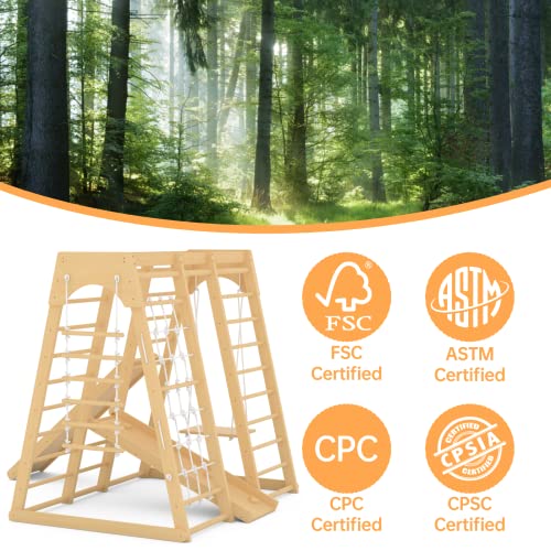 Toddler Climbing Toys Indoor, 66inch Indoor Jungle Gym, 8-in-1 Wooden Indoor Playground Set with Swing, Rock Climb Wall, Slide, Monkey Bars, Wood & Rope Ladder, Rope Wall Ladder for Kids 1-8yrs