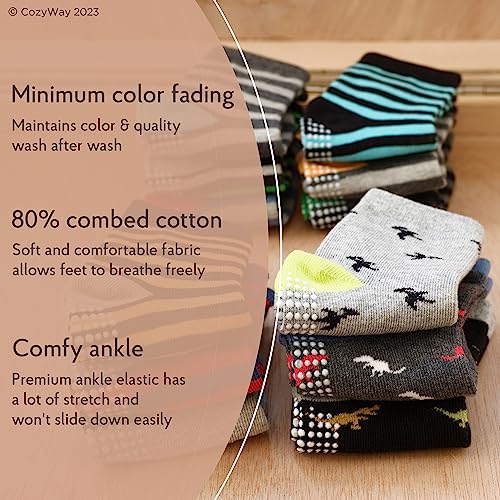 CozyWay Baby Anti Slip Crew Socks 12 Pack with Grips for Toddlers Little Boys Girls Infants Kids Non Skid Sox