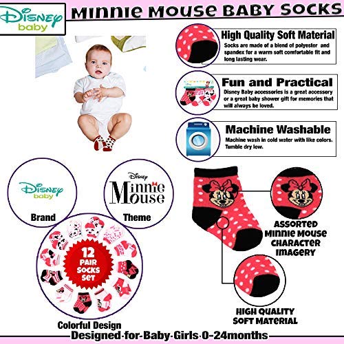Disney Baby Girls Minnie Mouse Character Design Socks 12 Pack (Newborn and Infants), Minnie Pink/White/Black, Age 0-6M
