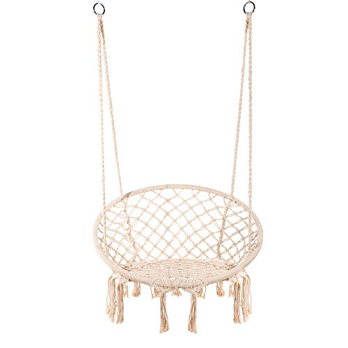 Caromy Hammock Chair Macrame Swing, Hanging Lounge Mesh Chair Durable Cotton Rope Swing for Bedroom, Patio, Garden, Deck, Yard, Max Capacity 265 Lbs (Beige)