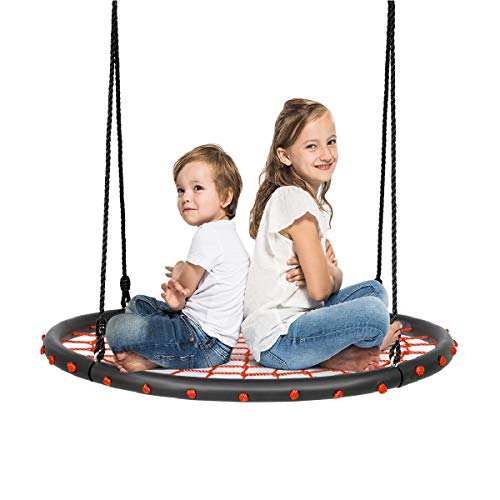 Costzon 40'' Spider Web Tree Swing Set, Kids Outdoor Round Net Swing Platform Rope Swing with Adjustable Hanging Ropes and Durable Steel Frame, Great for Park Backyard (40'', Web Swing, Orange)