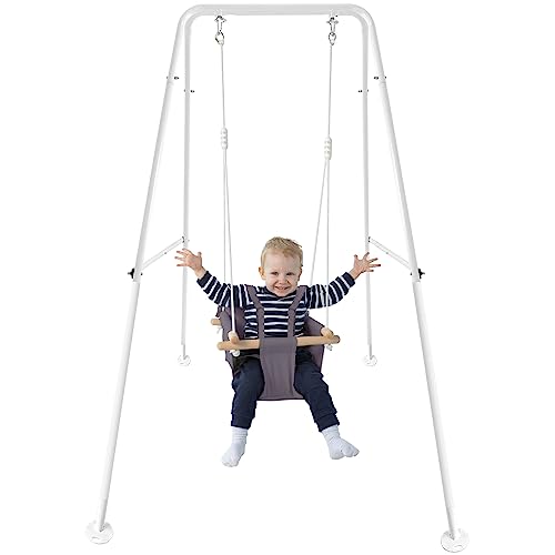 CaTeam - Canvas Baby Swing with Stand, Wooden Hanging Swing Seat Chair with Safety Belt, Durable Baby Hammock Chair, Outdoor and Indoor Swing for Kids, Dark Gray