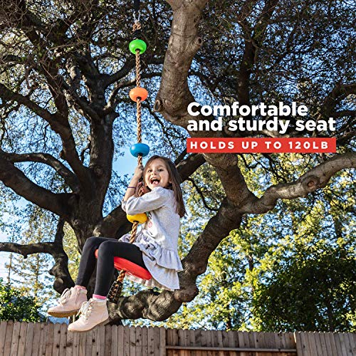 Climbing Rope Tree Swing with Platforms and Disc Swings Seat - Playground Swingset Accessories Outdoor for Kids - Trees House Tire Saucer Swing Outside Playset Toys - Carabiner and 4 Ft Tree Strap