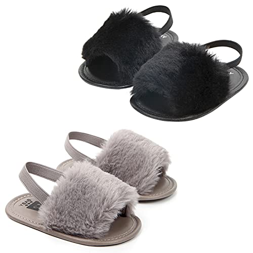 Yinbwol 2 Pack Infant Baby Girls Sandals Elastic Back Strap Flats Slippers Soft Toddles Princess Shoes Faux Fur Slides Shoes First Walker House Shoes