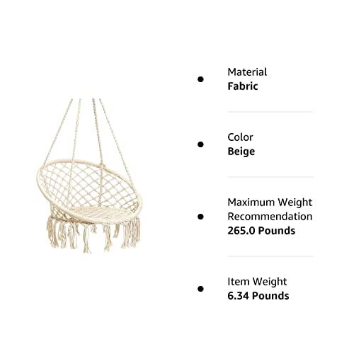 Caromy Hammock Chair Macrame Swing, Hanging Lounge Mesh Chair Durable Cotton Rope Swing for Bedroom, Patio, Garden, Deck, Yard, Max Capacity 265 Lbs (Beige)