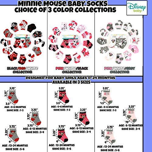 Disney Baby Girls Minnie Mouse Character Design Socks 12 Pack (Newborn and Infants), Minnie Pink/White/Black, Age 0-6M