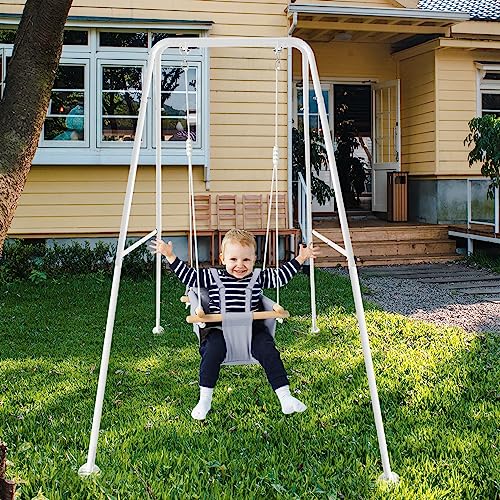 CaTeam - Canvas Baby Swing with Stand, Wooden Hanging Swing Seat Chair with Safety Belt, Durable Baby Hammock Chair, Outdoor and Indoor Swing for Kids, Gray