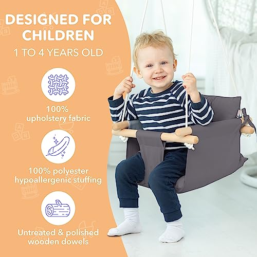 CaTeam - Canvas Baby Swing with Stand, Wooden Hanging Swing Seat Chair with Safety Belt, Durable Baby Hammock Chair, Outdoor and Indoor Swing for Kids, Dark Gray