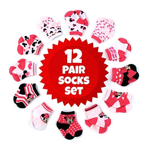 Disney Baby Girls Minnie Mouse Character Design Socks 12 Pack (Newborn and Infants), Minnie Pink/White/Black, Age 0-6M