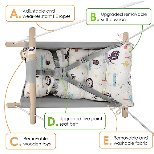 Baby Swing for Baby and Toddler, Canvas Baby Hammock Swing Indoor and Outdoor with Safety Belt and Mounting Hardware, Wooden Hanging Swing Seat Chair for Baby up to 4 Year -Cute Animal
