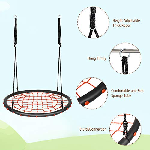 Costzon 40'' Spider Web Tree Swing Set, Kids Outdoor Round Net Swing Platform Rope Swing with Adjustable Hanging Ropes and Durable Steel Frame, Great for Park Backyard (40'', Web Swing, Orange)