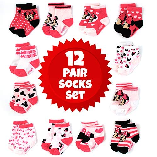 Disney Baby Girls Minnie Mouse Character Design Socks 12 Pack (Newborn and Infants), Minnie Pink/White/Black, Age 0-6M