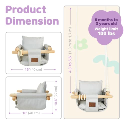 The Classy Swing Seat for Babyâs Fun Time & Growth - UV Resistant Technical Fabric for Indoor and Temporary Outdoor - Infant to Toddler - Seat with Velcro & Belt - Ceiling Hardware - Gift for Lover
