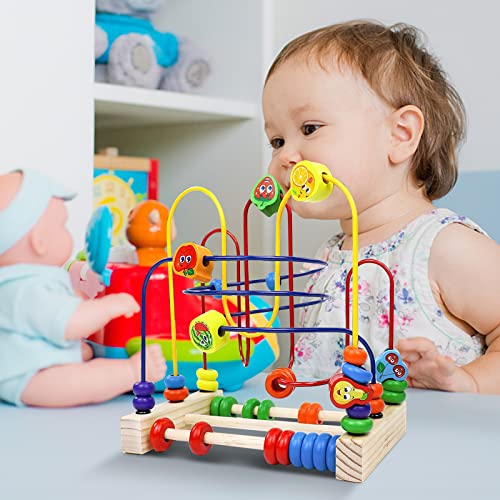 Fajiabao Wooden Bead Maze Activity Cube Fruits Slide Counting Math Abacus Montessori Toys for Toddlers Roller Coaster Educational Toys Christmas Birthday Gifts Indoor Games for Walkers Boys Girls