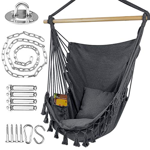 WBHome Hammock Chair Swing with Hanging Hardware Kit- Grey, Cotton Canvas, Include Carry Bag & Two Seat Cushions, for Indoor Outdoor, Max. Weight 330 Lbs
