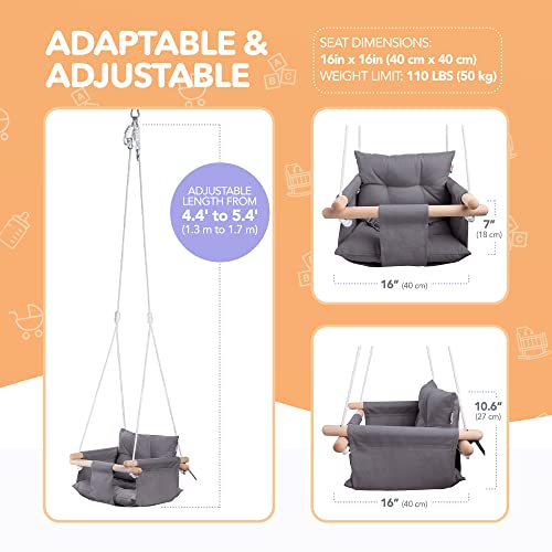 CaTeam - Canvas Baby Swing with Stand, Wooden Hanging Swing Seat Chair with Safety Belt, Durable Baby Hammock Chair, Outdoor and Indoor Swing for Kids, Dark Gray