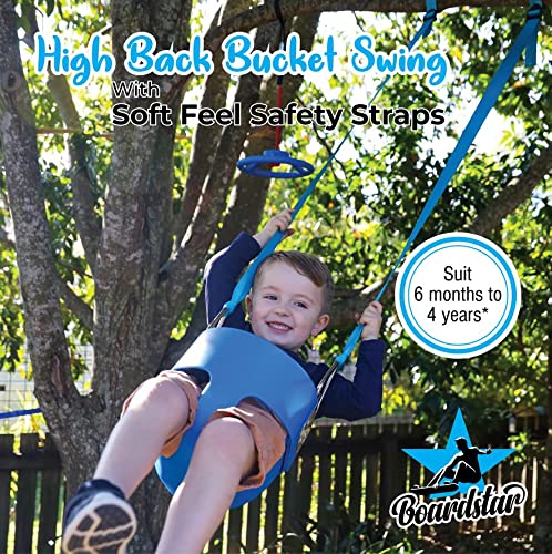Bucket Swing Seat by Boardstar - Outdoor Kids Swing for Toddler & Baby - Comfy Molded Seat & Soft-Feel Safety Straps - Attaches Direct to Tree Branch, Swing Set or Slack Line (Blue, Full Bucket)