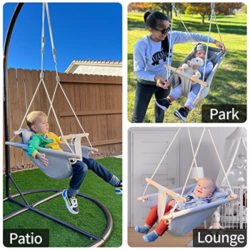 Baby Swing for Baby and Toddler, Canvas Baby Hammock Swing Indoor and Outdoor with Safety Belt and Mounting Hardware, Wooden Hanging Swing Seat Chair for Baby up to 4 Year -Cute Animal